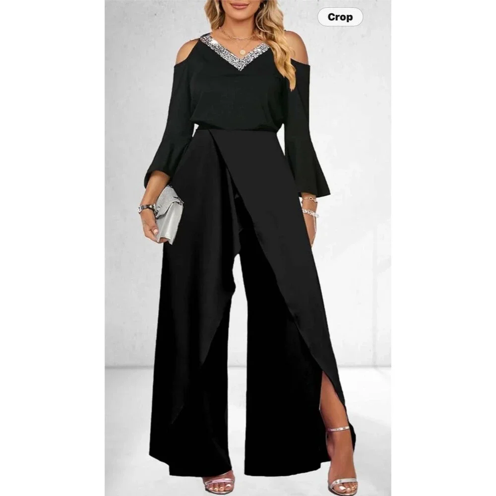 Black Cold Shoulder Bell Sleeve Wide Leg Jumpsuit with Sequin Neckline NEW